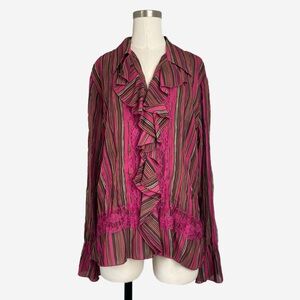 Vintage Y2K Notches pink plisse striped collared ruffle lace trim blouse XL